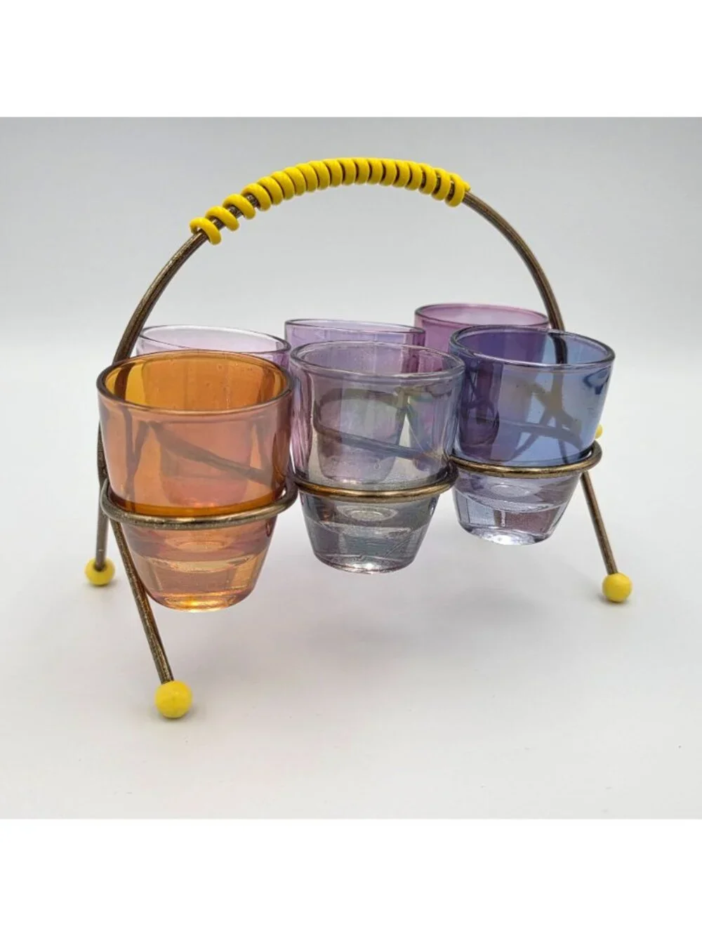 1950s Harlequin Shot Glass Set with Wire Holder Vintage MCM Barware